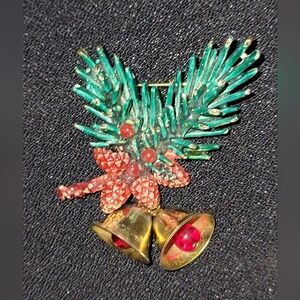 Vintage Art C Christmas Brooch Pine Baugh Pin with Bells